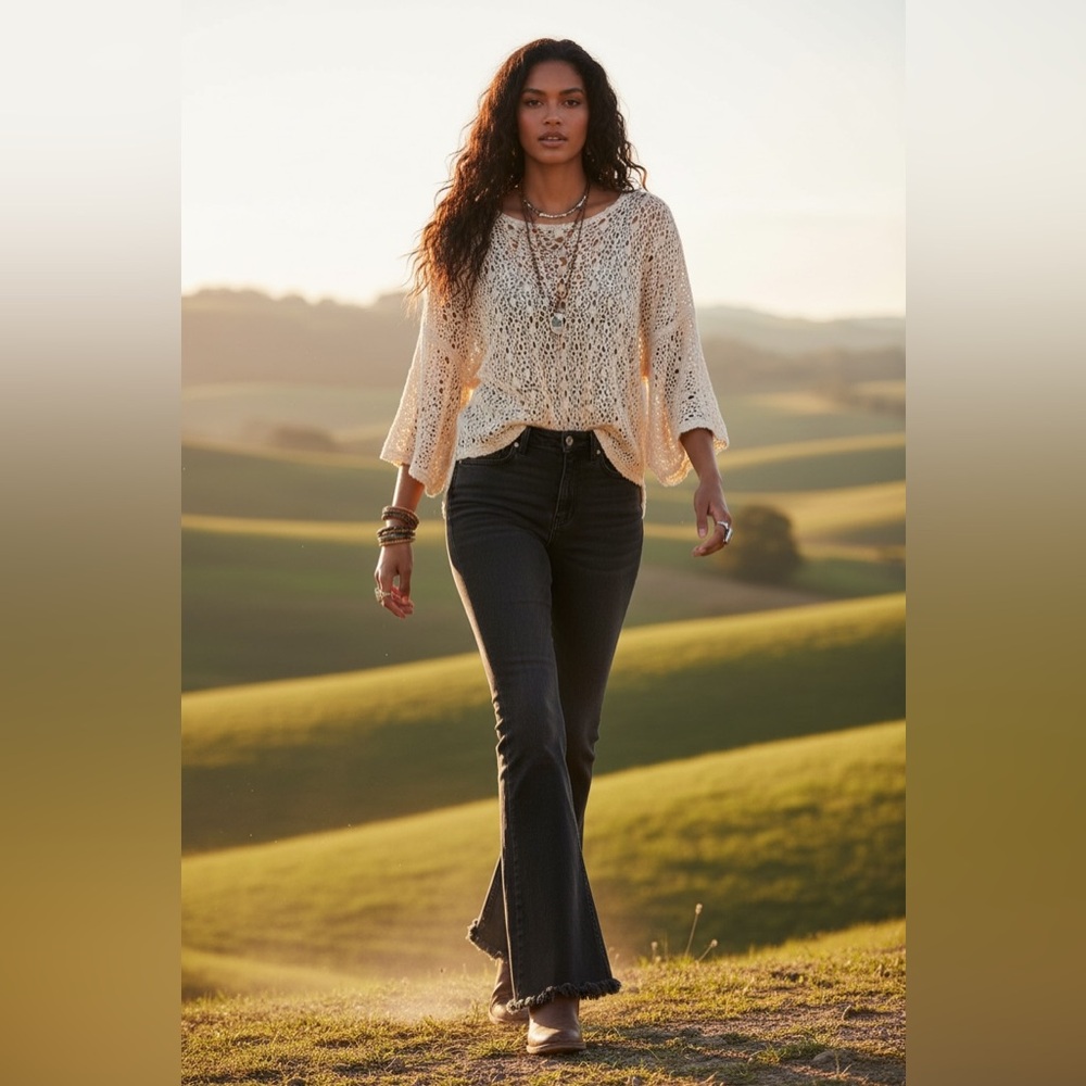 Free People We the free boho western Mid rise Black Flare bell bottoms Raw Hem